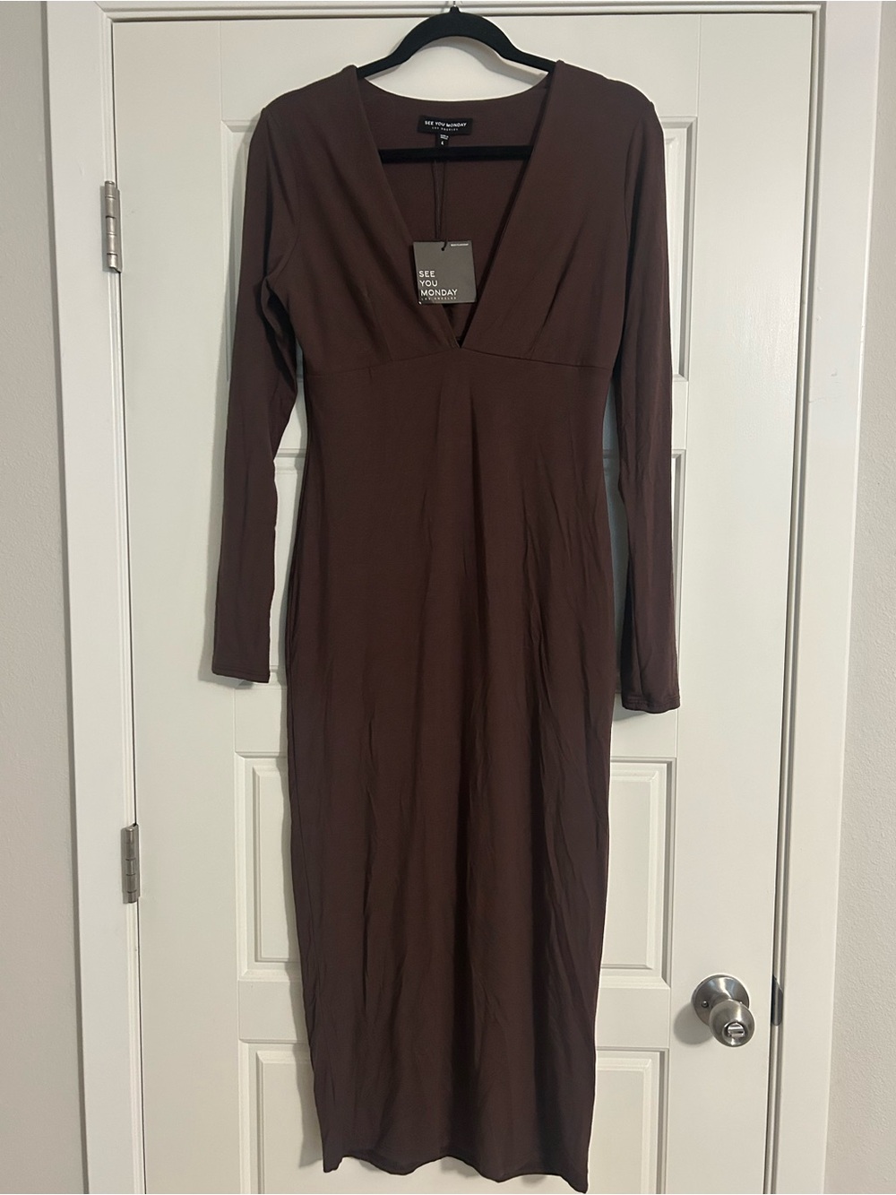 See You Monday Chocolate Brown Long Sleeve V-Neck Maxi Dress